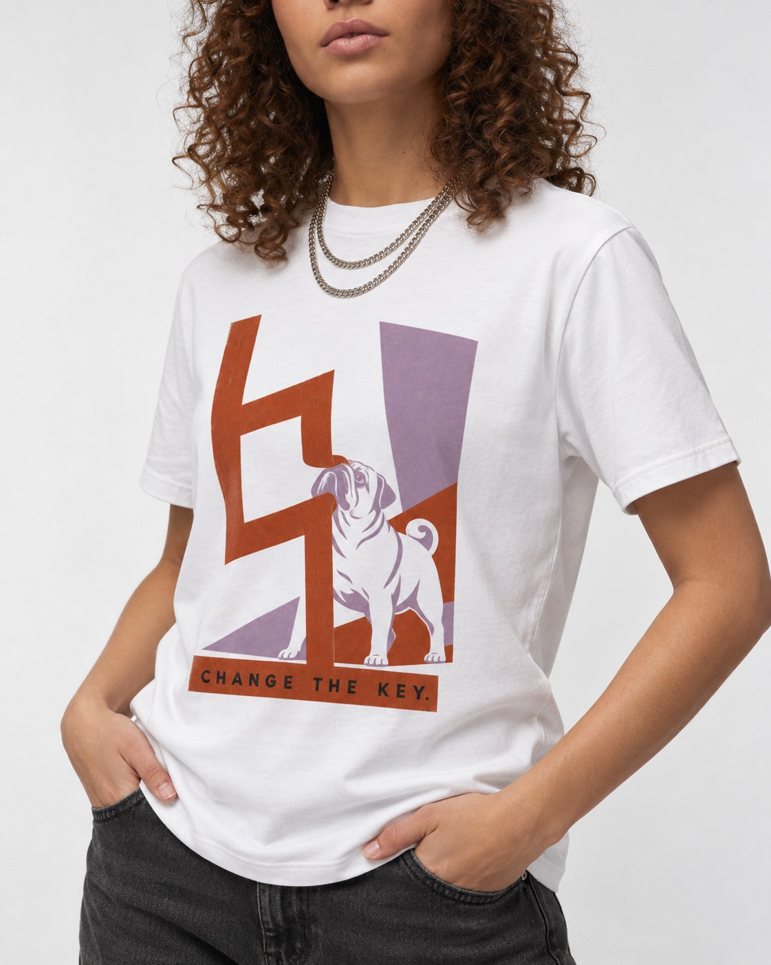 Pug Change the Key T-Shirt in White, worn by a model, front view