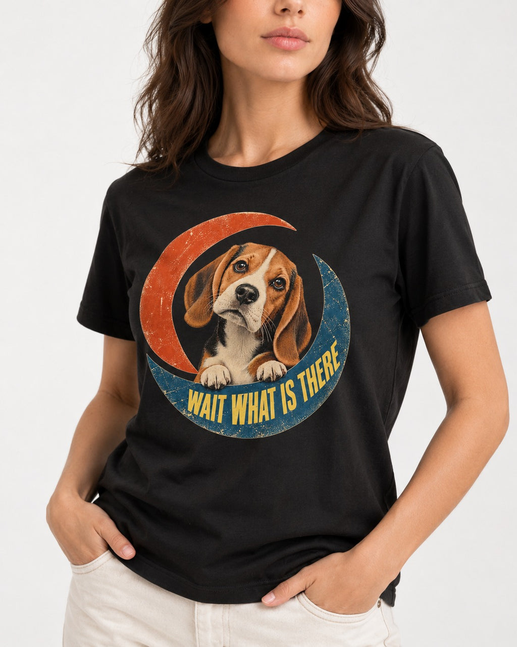 Wait What Is There Beagle Crescent T-Shirt in Black, worn by a model, front view