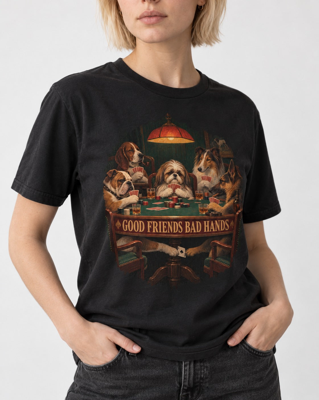 Shih Tzu Good Friends Bad Hands Poker Night Graphic T-Shirt in Black, worn by a model, front view