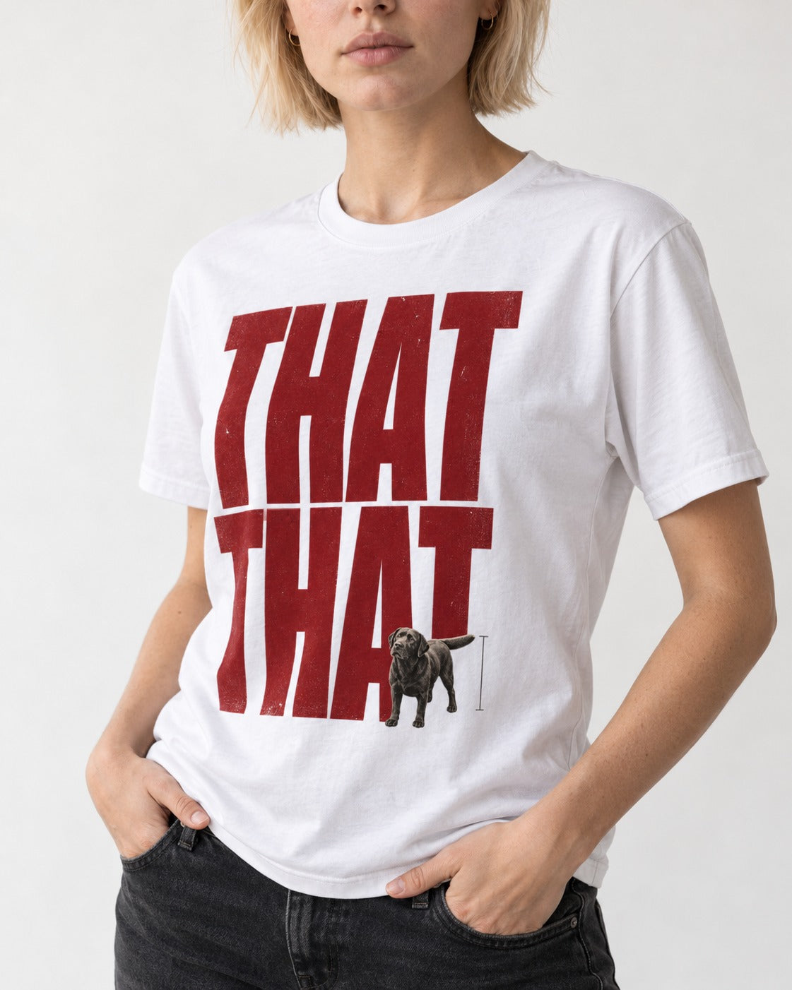 That That Labrador Retriever T-Shirt in White, worn by a model, front view