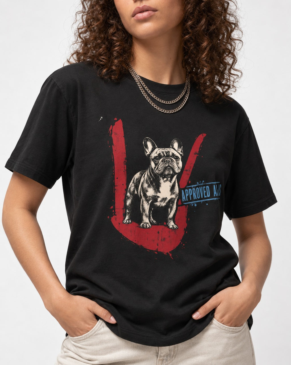 Frenchie Approved As Is Check Mark Graphic T-Shirt in Black, worn by a model, front view