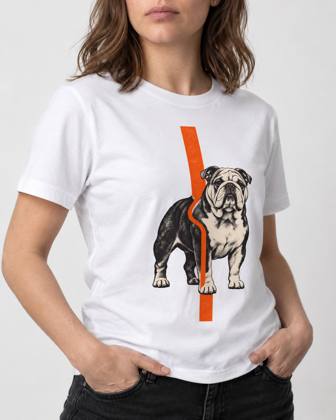 English Bulldog Quiet Strength T-Shirt in White, worn by a model, front view