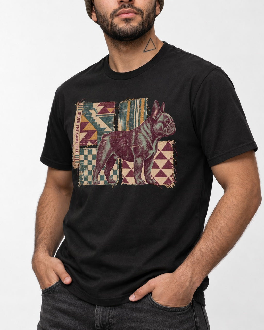 Frenchie Never the Same Tile Textile Graphic T-Shirt in Black, worn by a model, front view