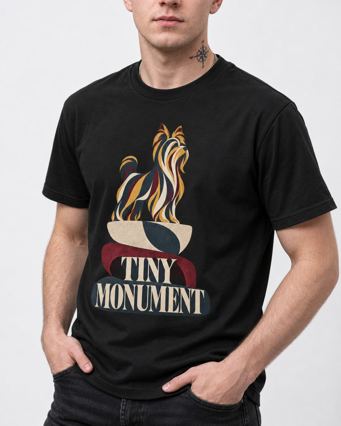 Yorkshire Terrier Tiny Monument Sculptural Plinth Graphic T-Shirt in Black, worn by a model, front view
