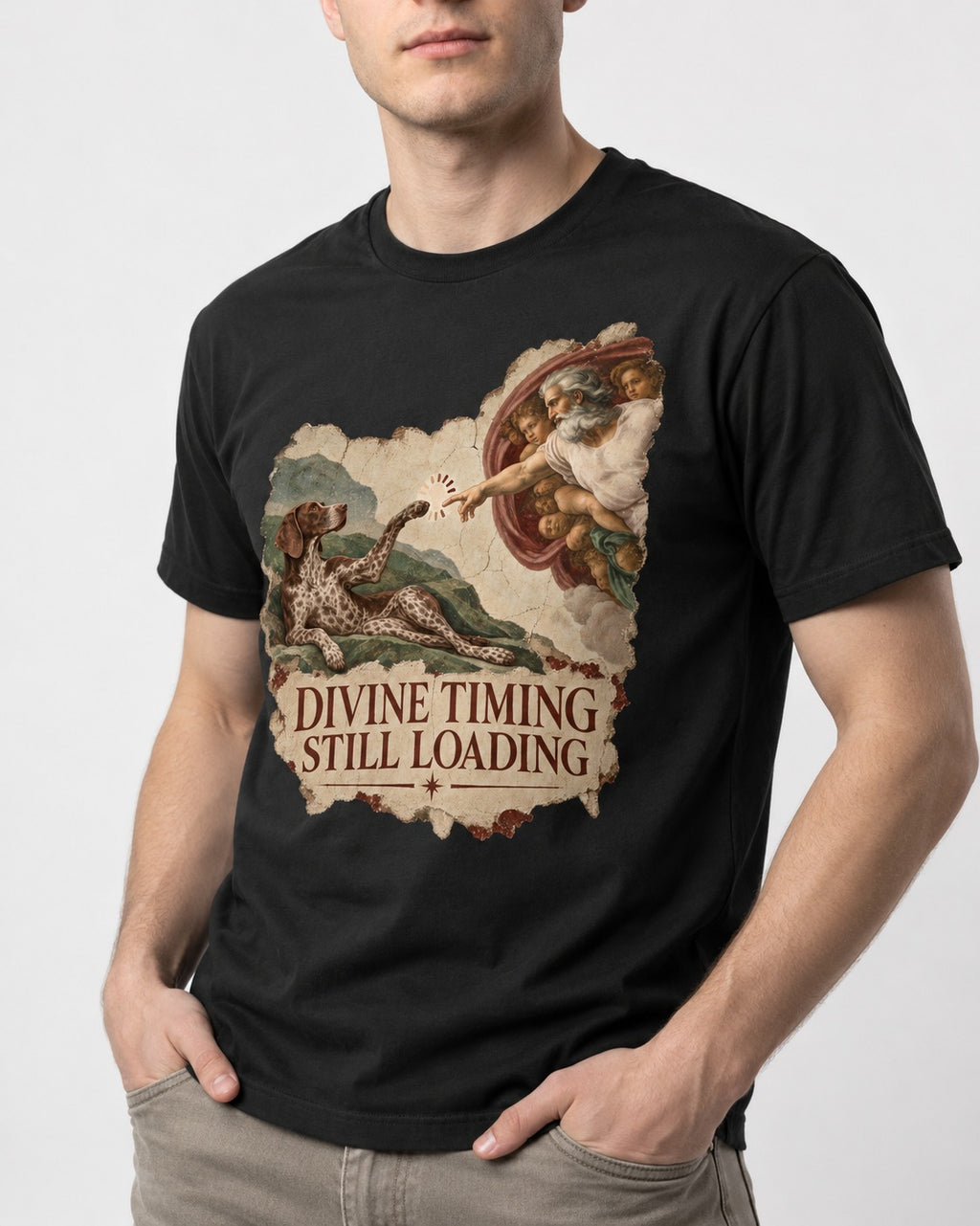 German Shorthaired Pointer Divine Timing Still Loading Creation Scene Graphic T-Shirt in Black, worn by a model, front view