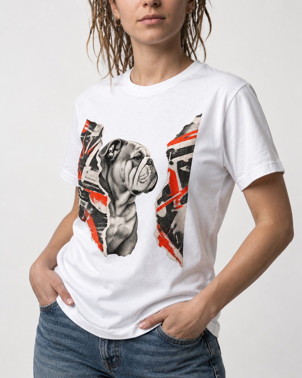 English Bulldog Unbowed T-Shirt in White, worn by a model, front view