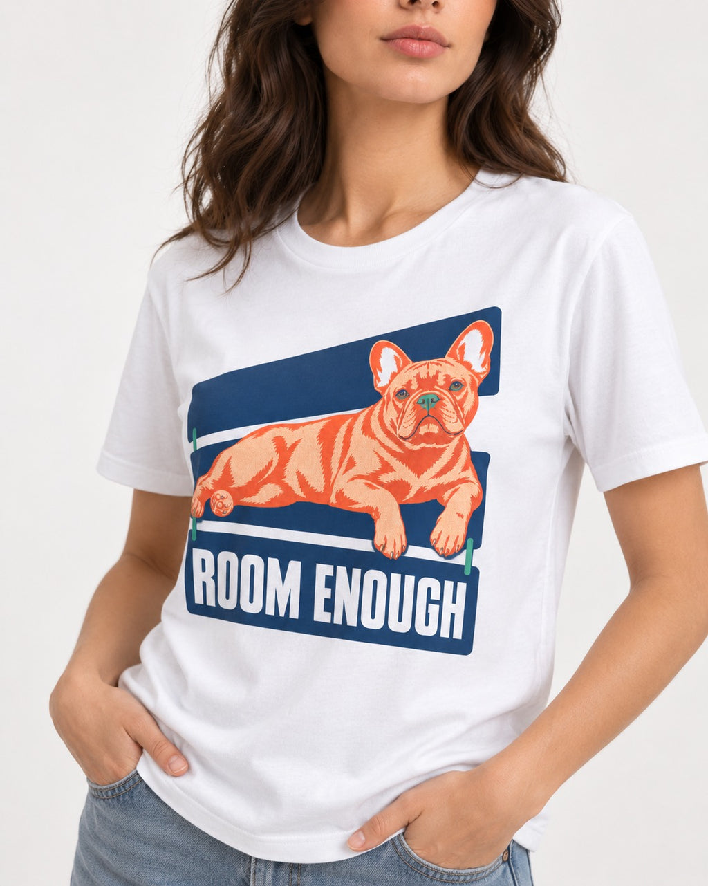 Room Enough for Frenchie T-Shirt in White, worn by a model, front view