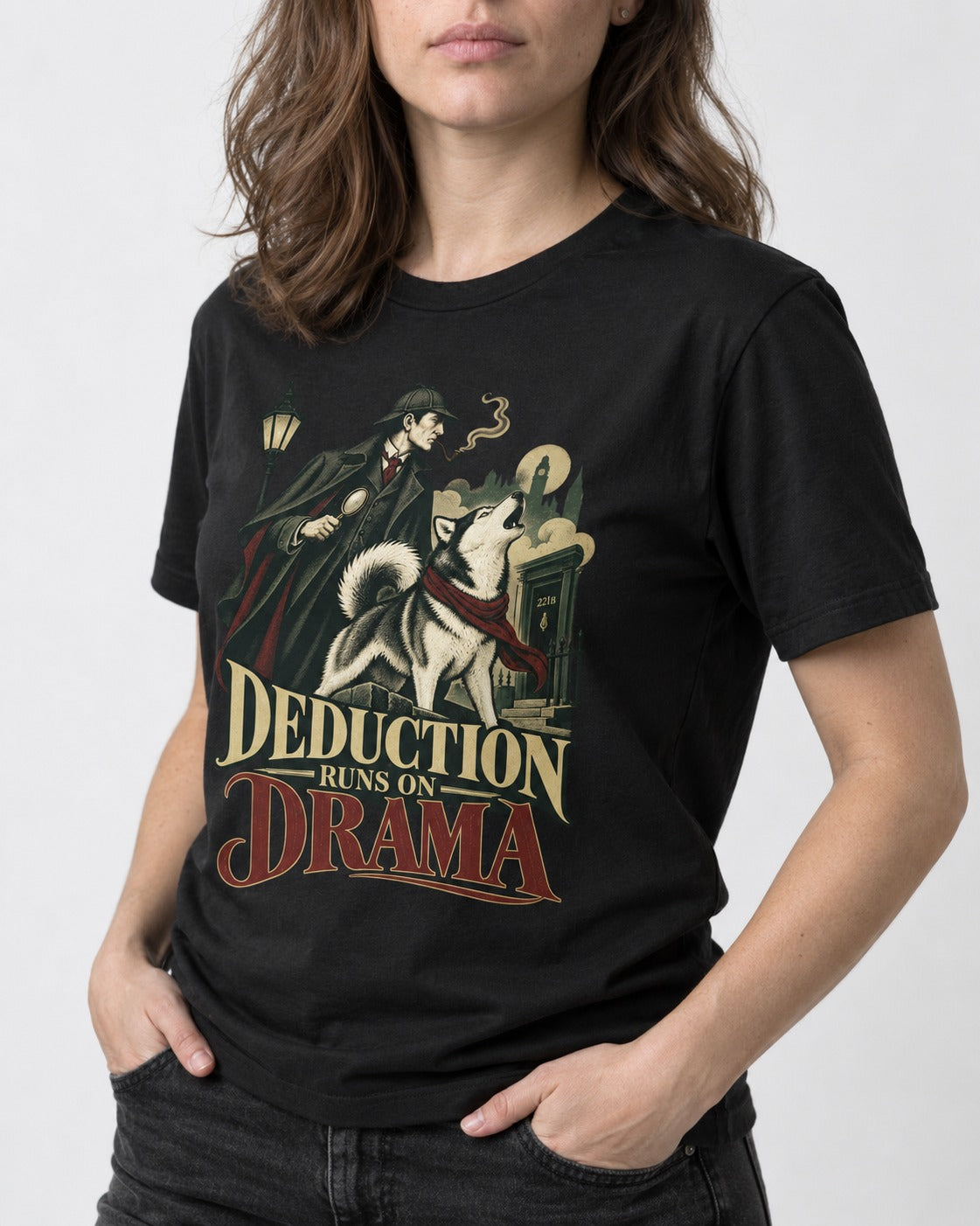 Husky Deduction Runs on Drama Detective Graphic T-Shirt in Black, worn by a model, front view