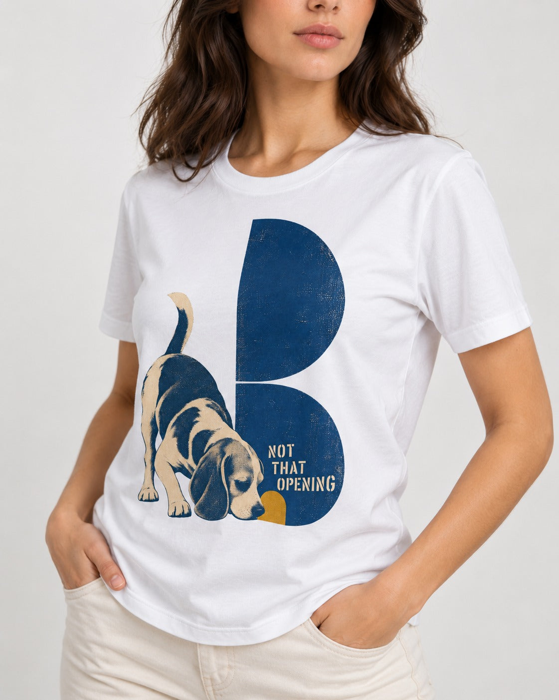 Not That Opening Beagle T-Shirt in White, worn by a model, front view