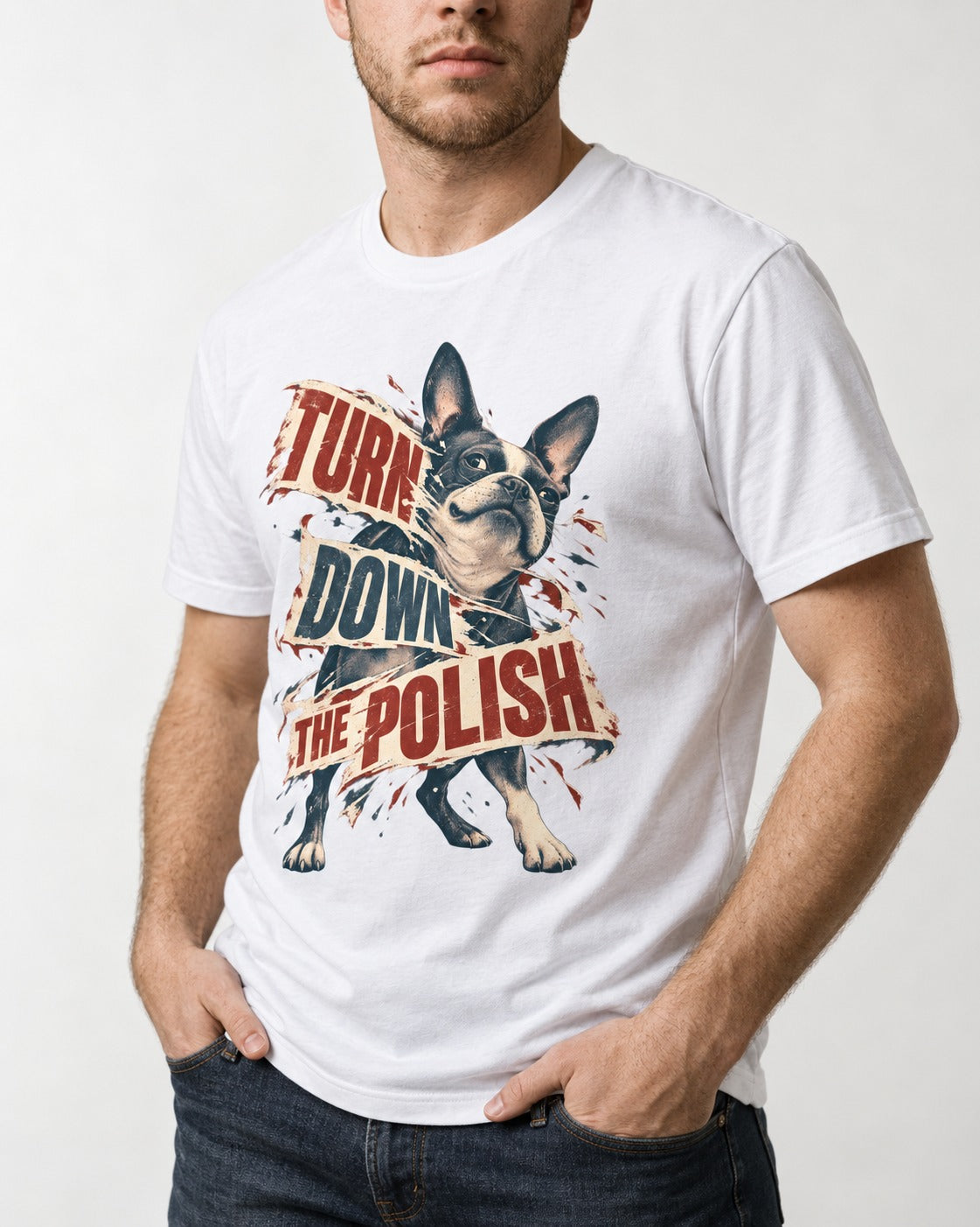 Turn Down the Polish Boston Terrier T-Shirt in White, worn by a model, front view