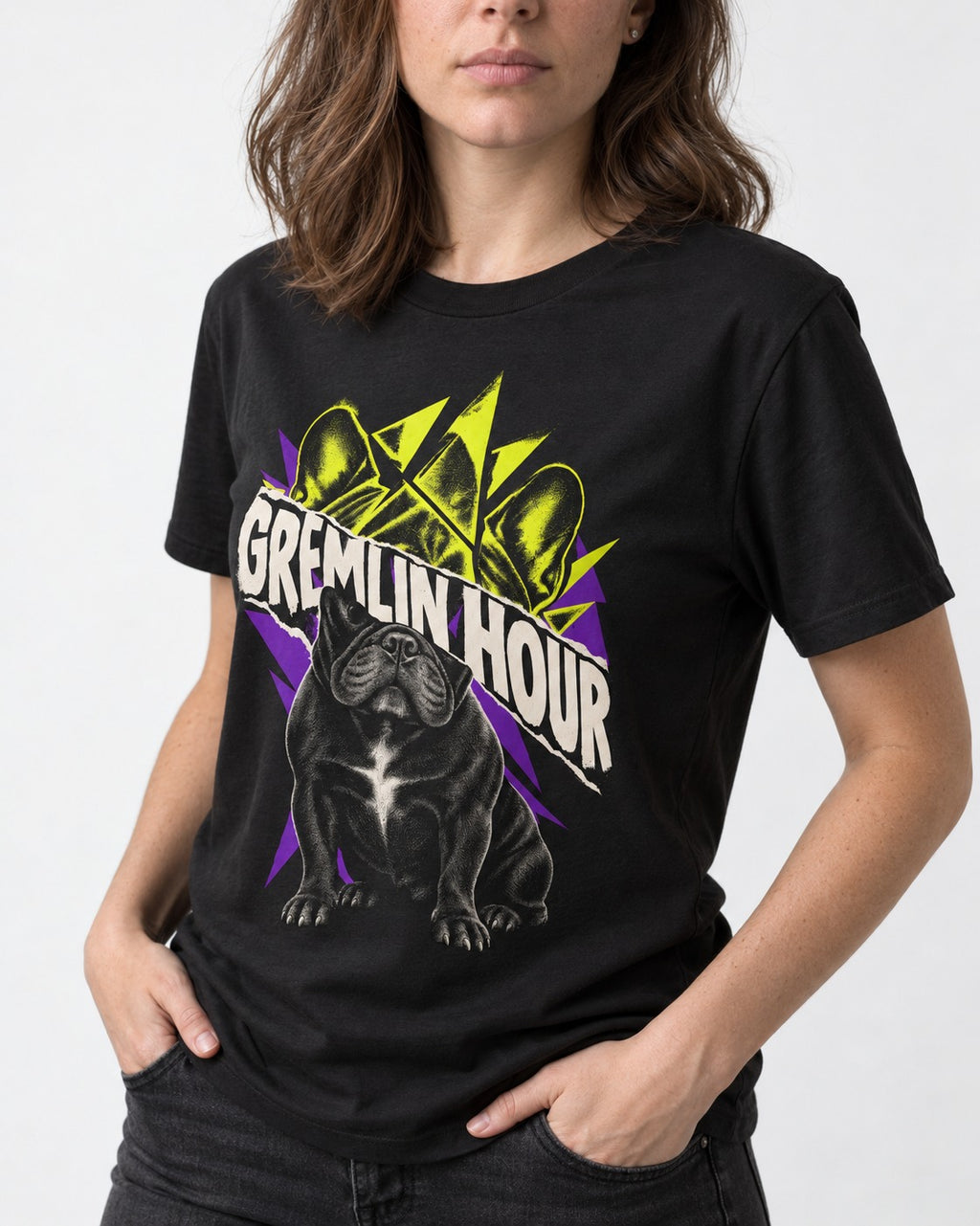 Frenchie Gremlin Hour Fracture Portrait Graphic T-Shirt in Black, worn by a model, front view