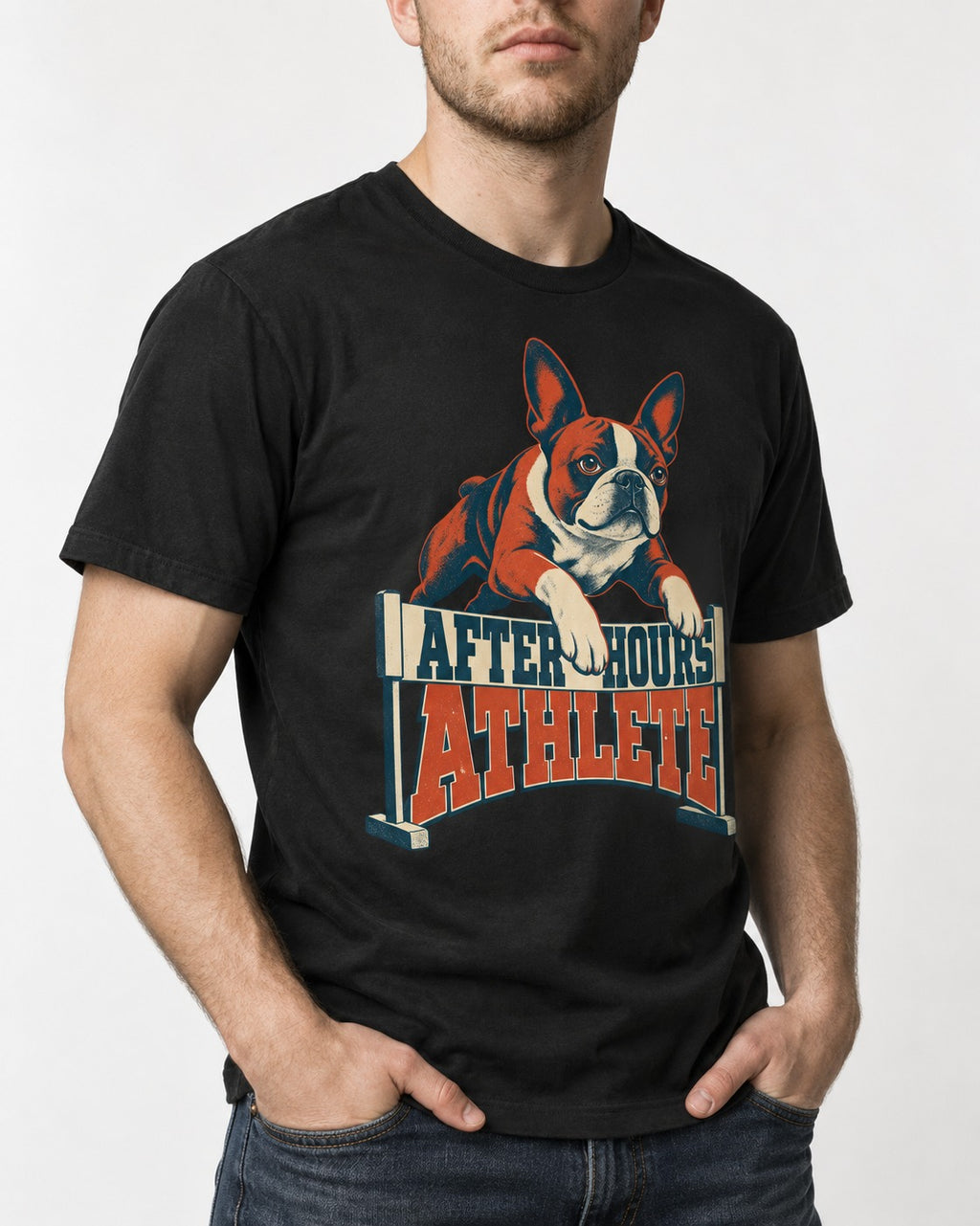 After Hours Athlete Boston Terrier T-Shirt in Black, worn by a model, front view