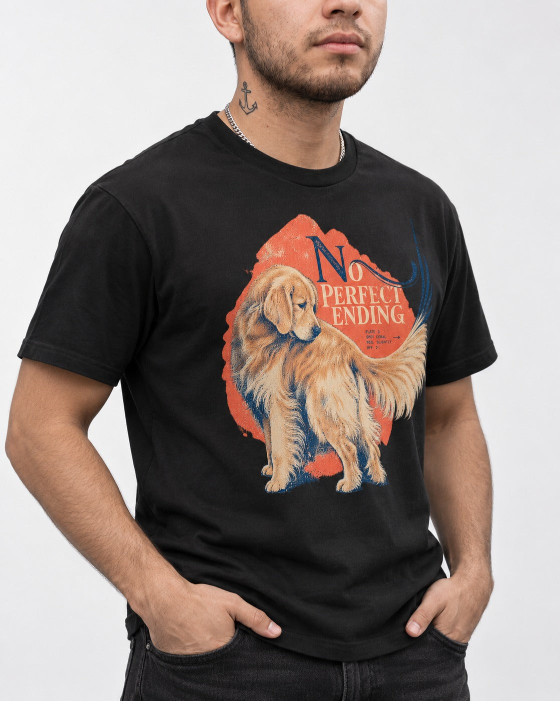 Golden Retriever No Perfect Ending Misregistration Graphic T-Shirt in Black, worn by a model, front view