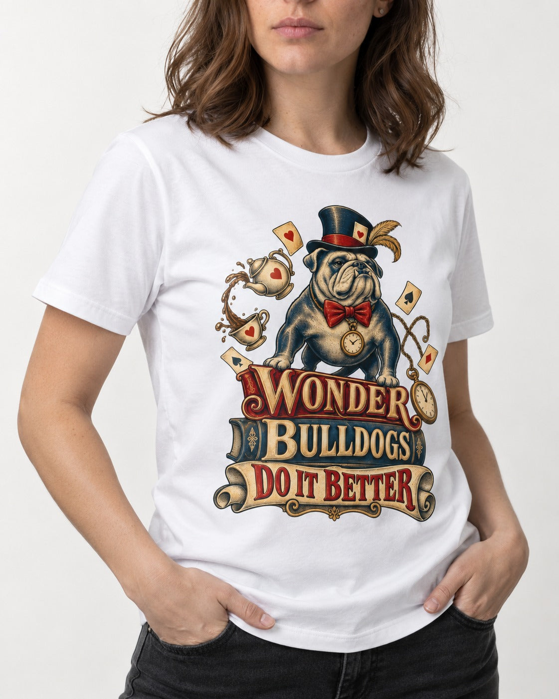 Wonder English Bulldog T-Shirt in White, worn by a model, front view