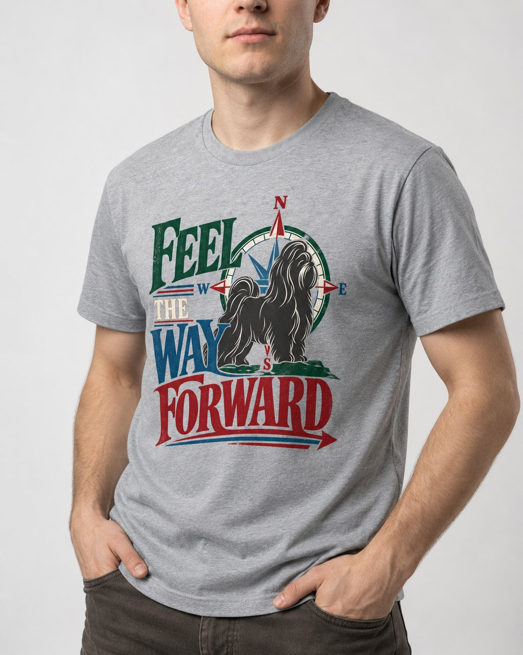 Shih Tzu Feel the Way Forward Compass Graphic T-Shirt in Sport Grey, worn by a model, front view