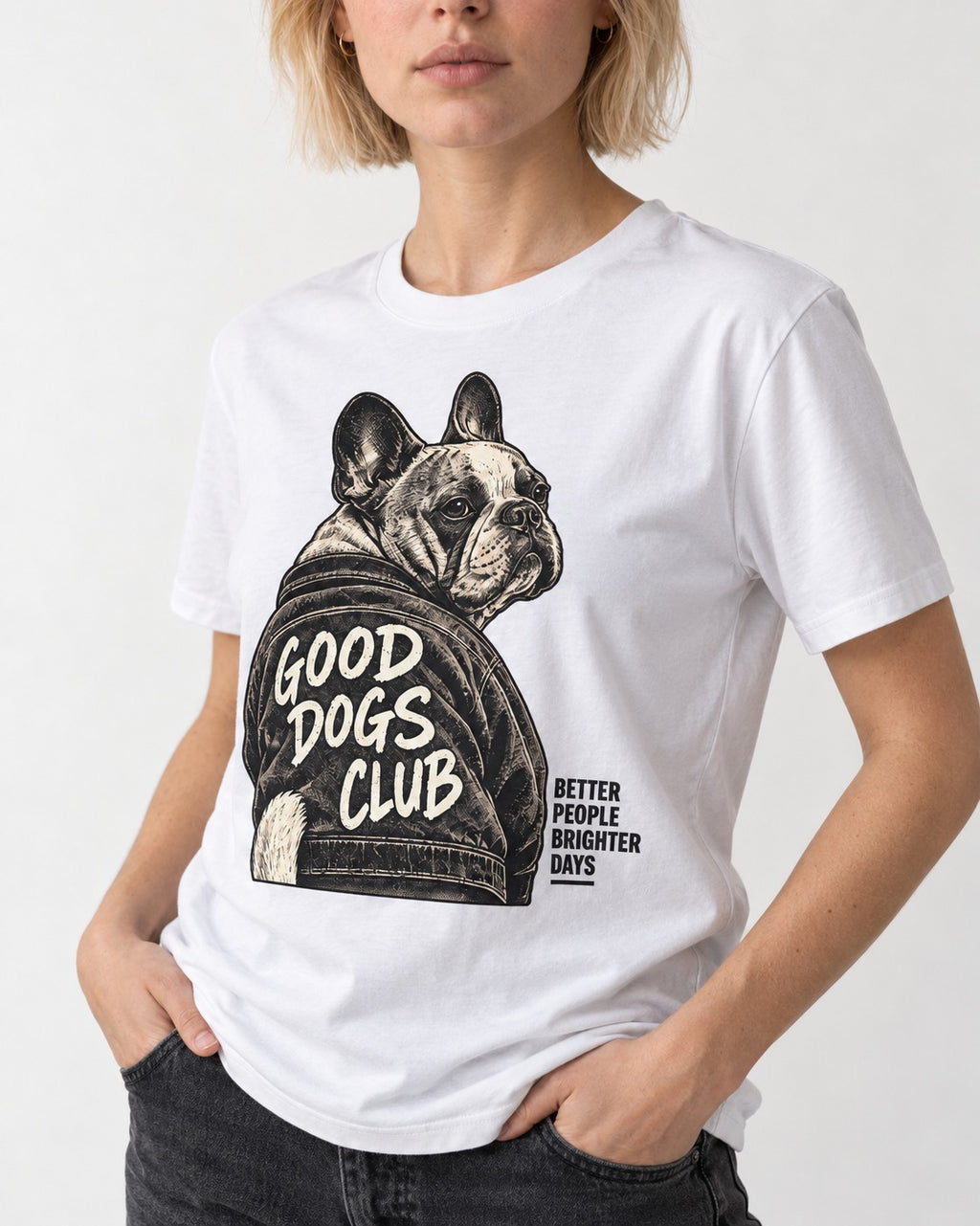 Good Frenchie Club T-Shirt in White, worn by a model, front view