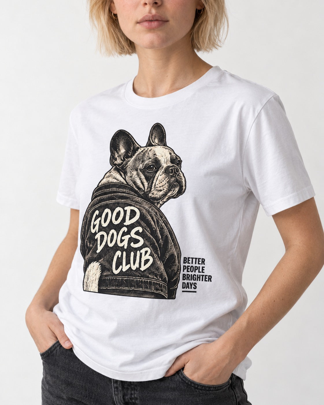 Good Frenchie Club T-Shirt in White, worn by a model, front view