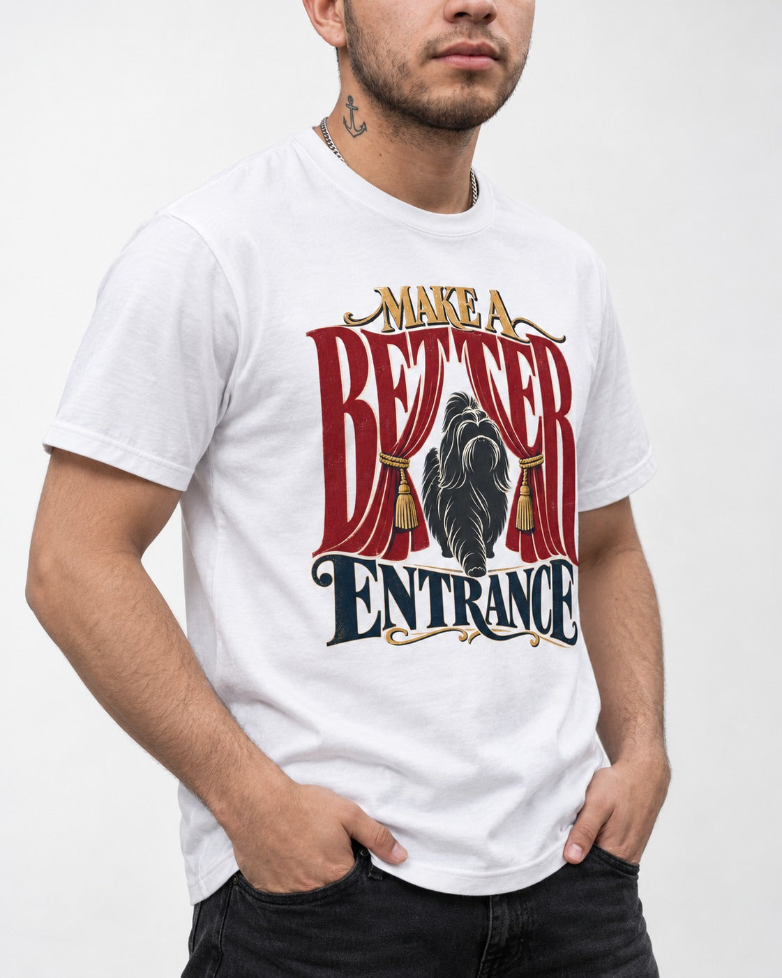 A Better Shih Tzu Entrance T-Shirt in White, worn by a model, front view