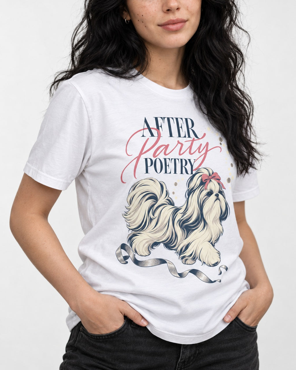 After Party Poetry Shih Tzu T-Shirt in White, worn by a model, front view