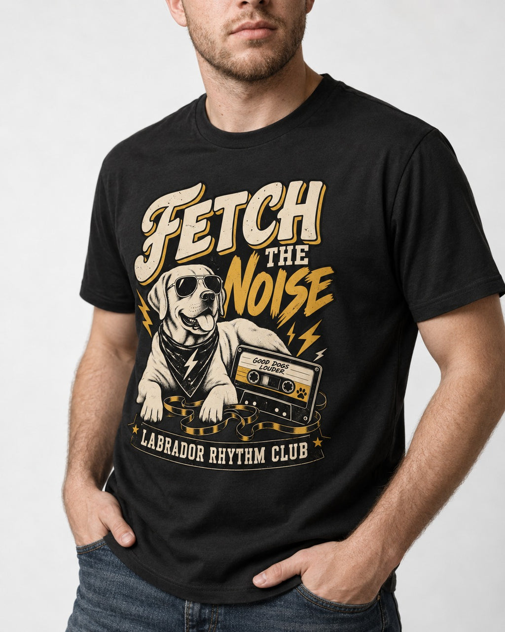 Labrador Retriever Fetch the Noise Rhythm Club DJ Graphic T-Shirt in Black, worn by a model, front view