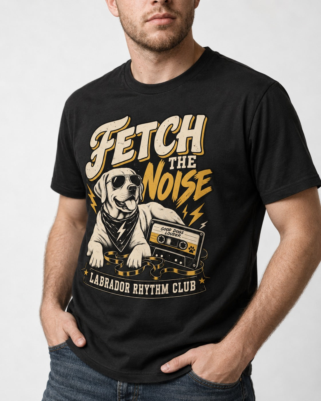 Labrador Retriever Fetch the Noise Rhythm Club DJ Graphic T-Shirt in Black, worn by a model, front view