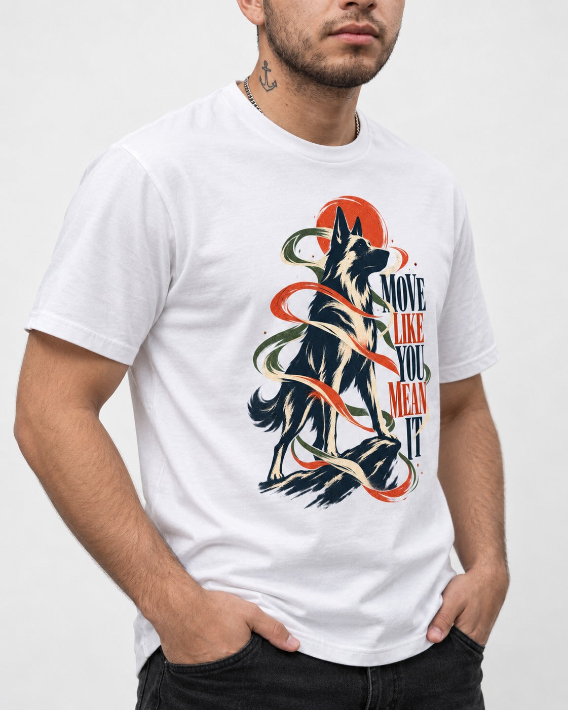 German Shepherd Dog Mean It T-Shirt in White, worn by a model, front view