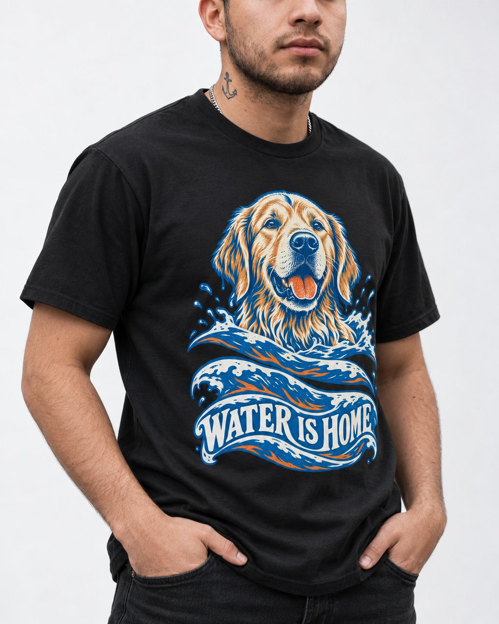 Golden Retriever Water Is Home Ocean Wave Graphic T-Shirt in Black, worn by a model, front view