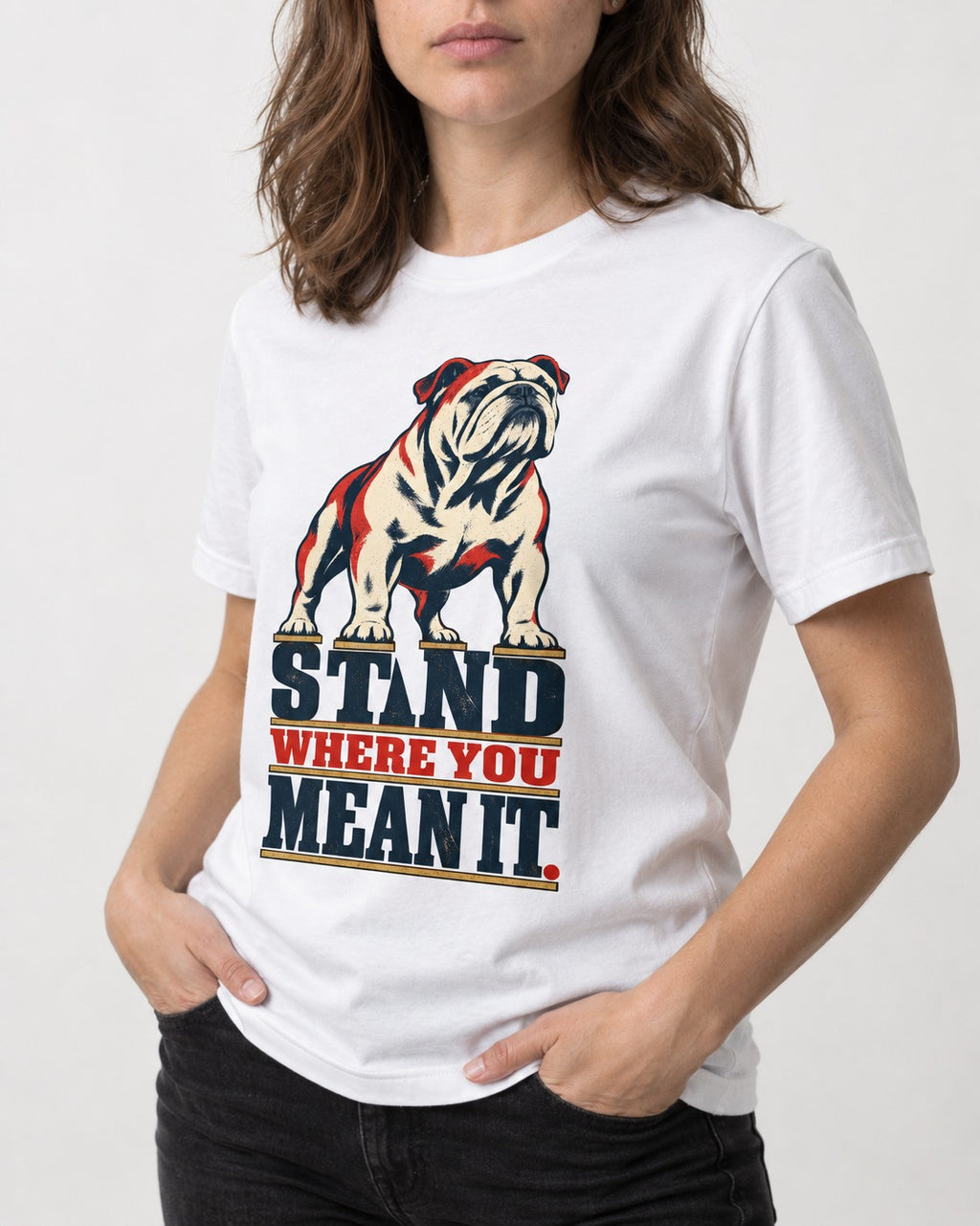 English Bulldog Stand T-Shirt in White, worn by a model, front view