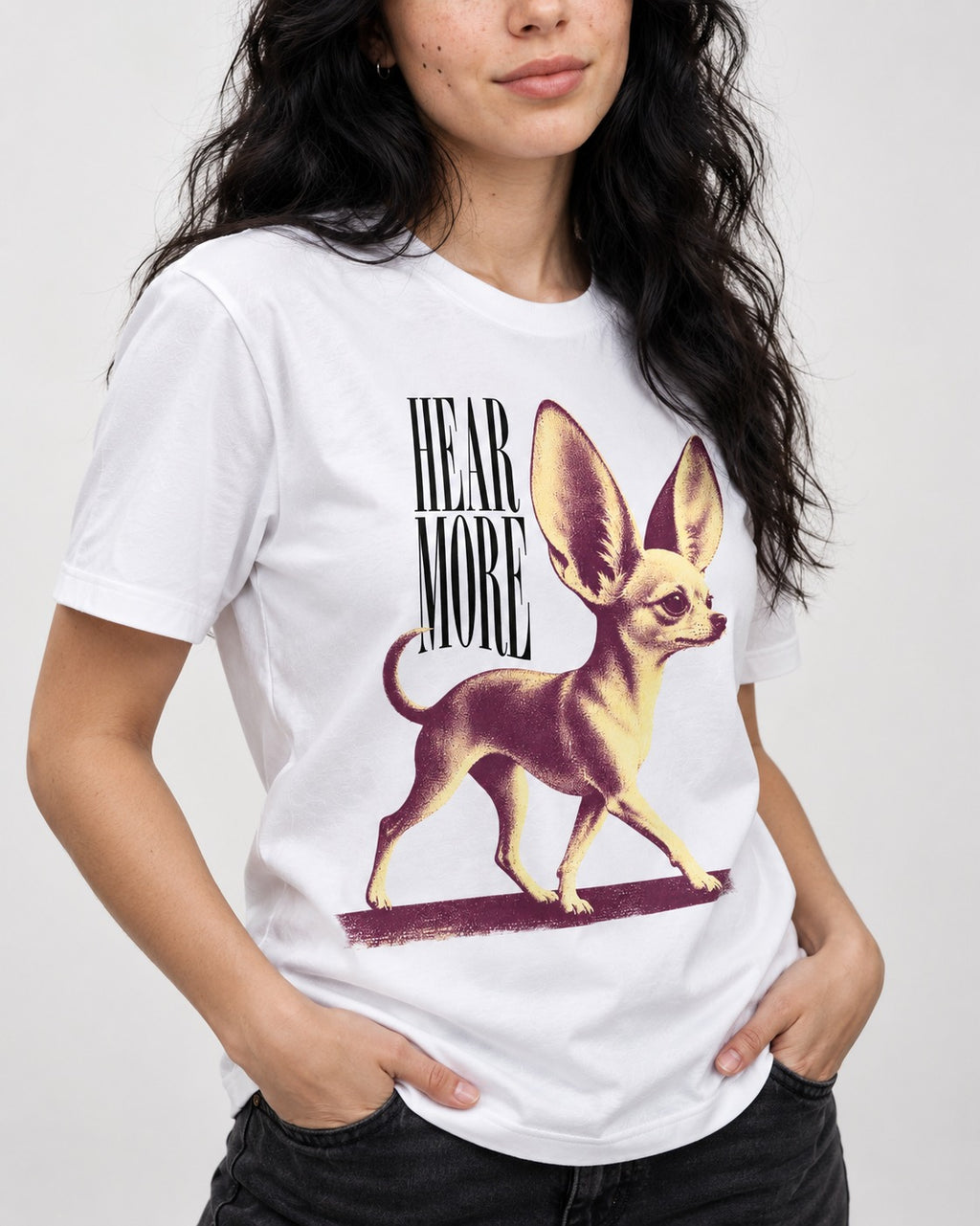 Hear More Chihuahua T-Shirt in White, worn by a model, front view