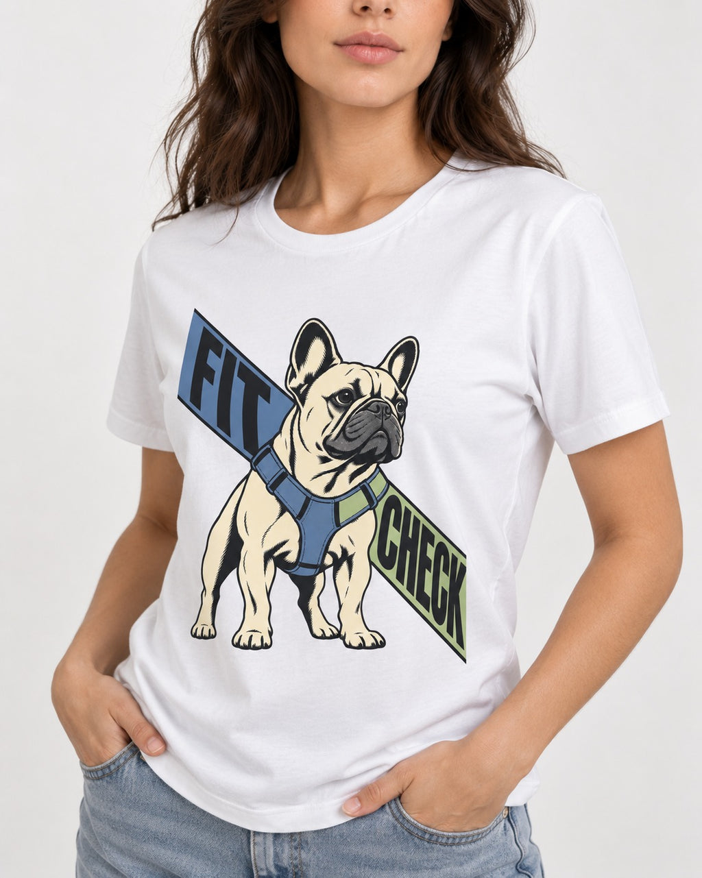 Frenchie Fit Check T-Shirt in White, worn by a model, front view