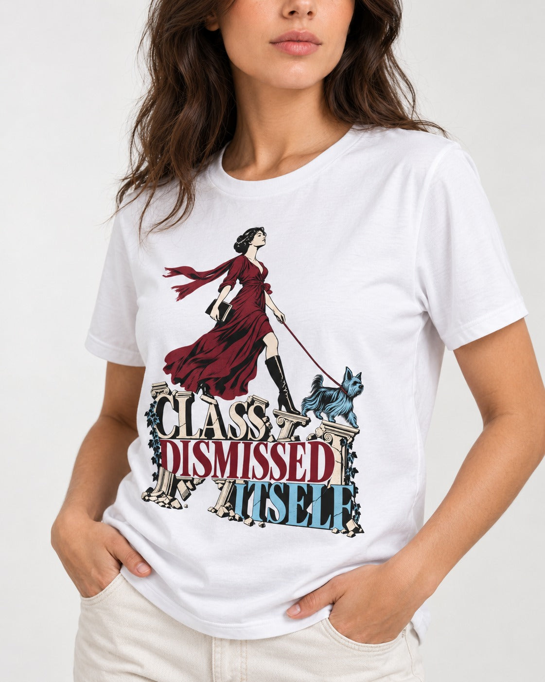Class Dismissed Itself Yorkshire Terrier T-Shirt in White, worn by a model, front view