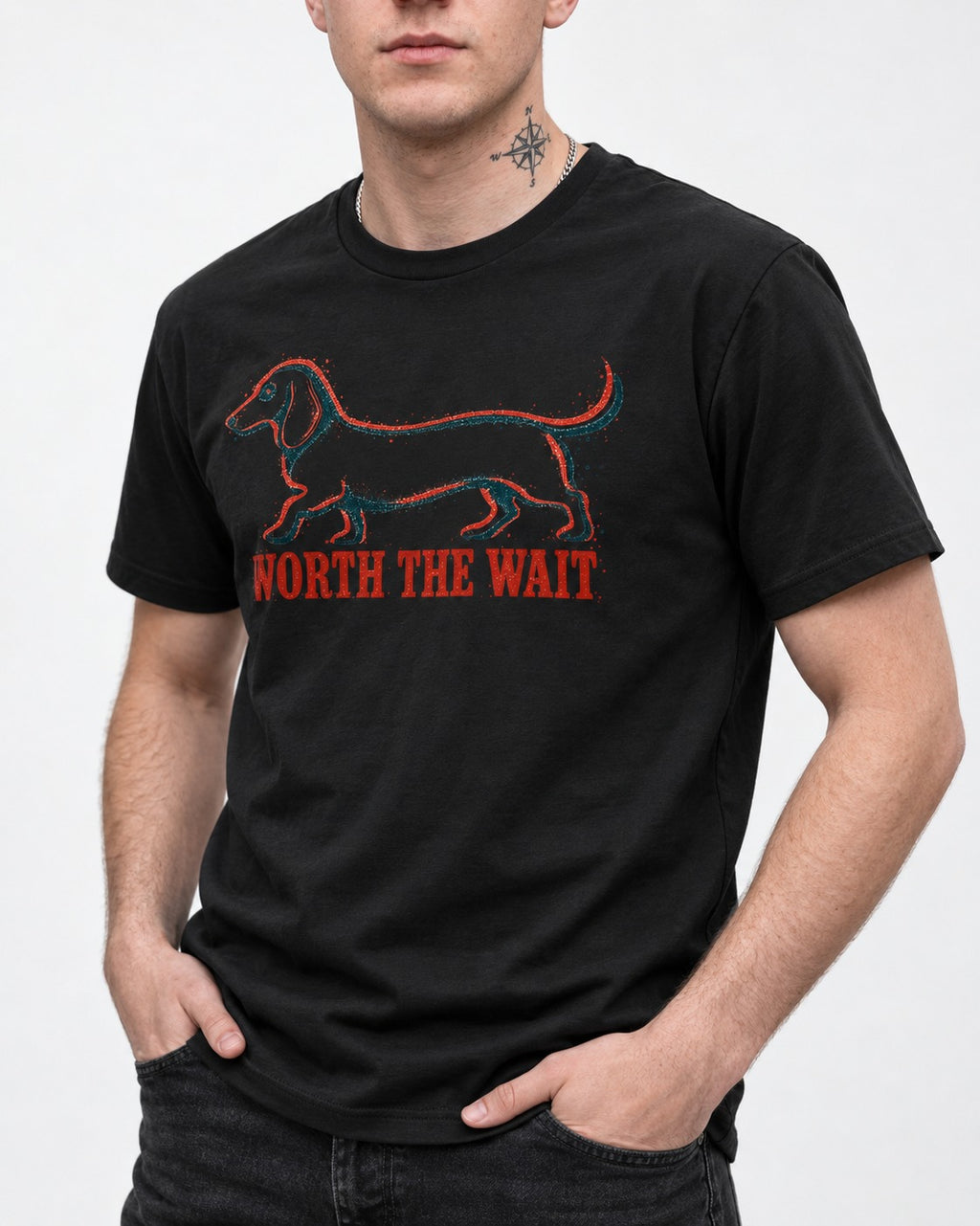 Dachshund Worth The Wait Distressed Outline Graphic T-Shirt in Black, worn by a model, front view