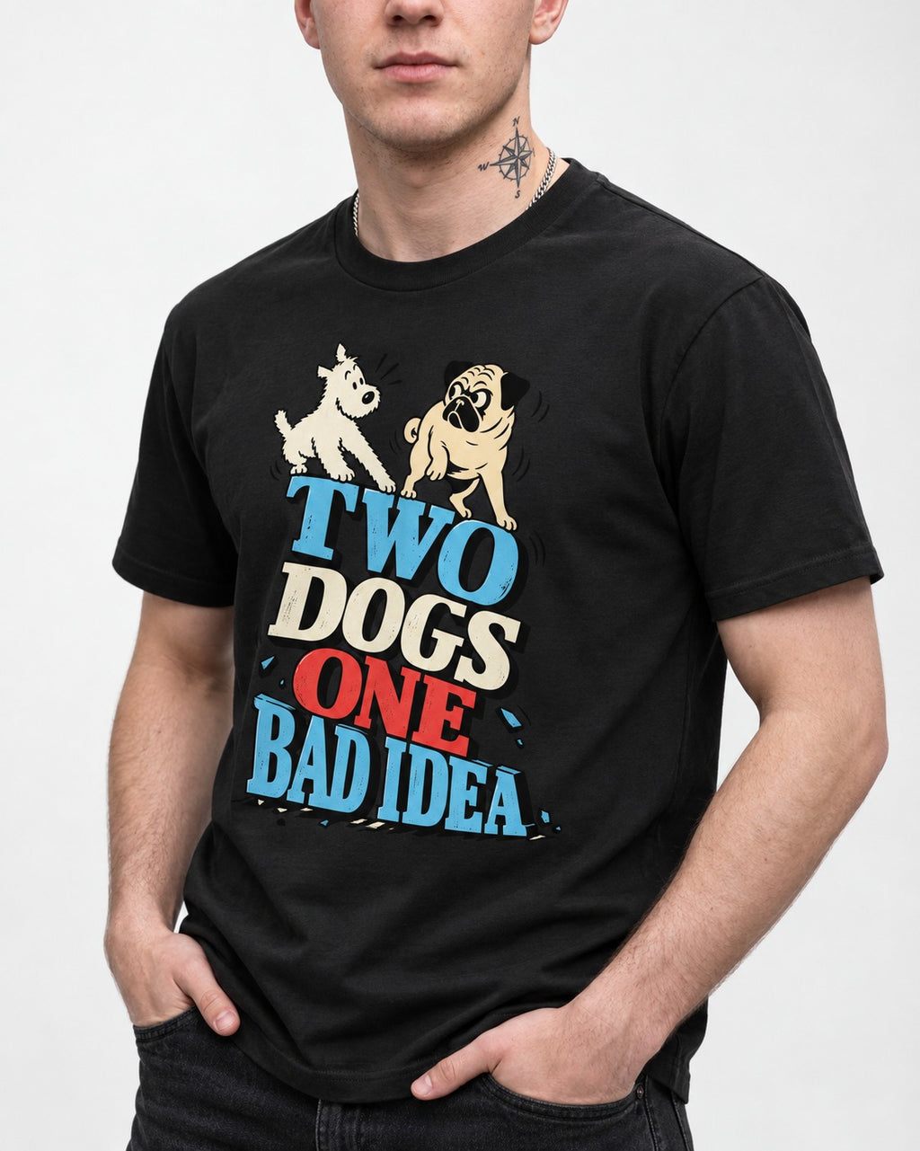 Pug Two Dogs One Bad Idea Graphic T-Shirt in Black, worn by a model, front view