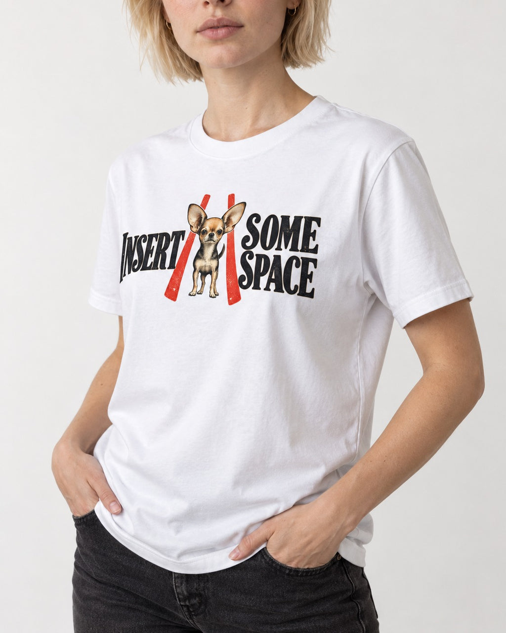 Insert Some Chihuahua Space T-Shirt in White, worn by a model, front view
