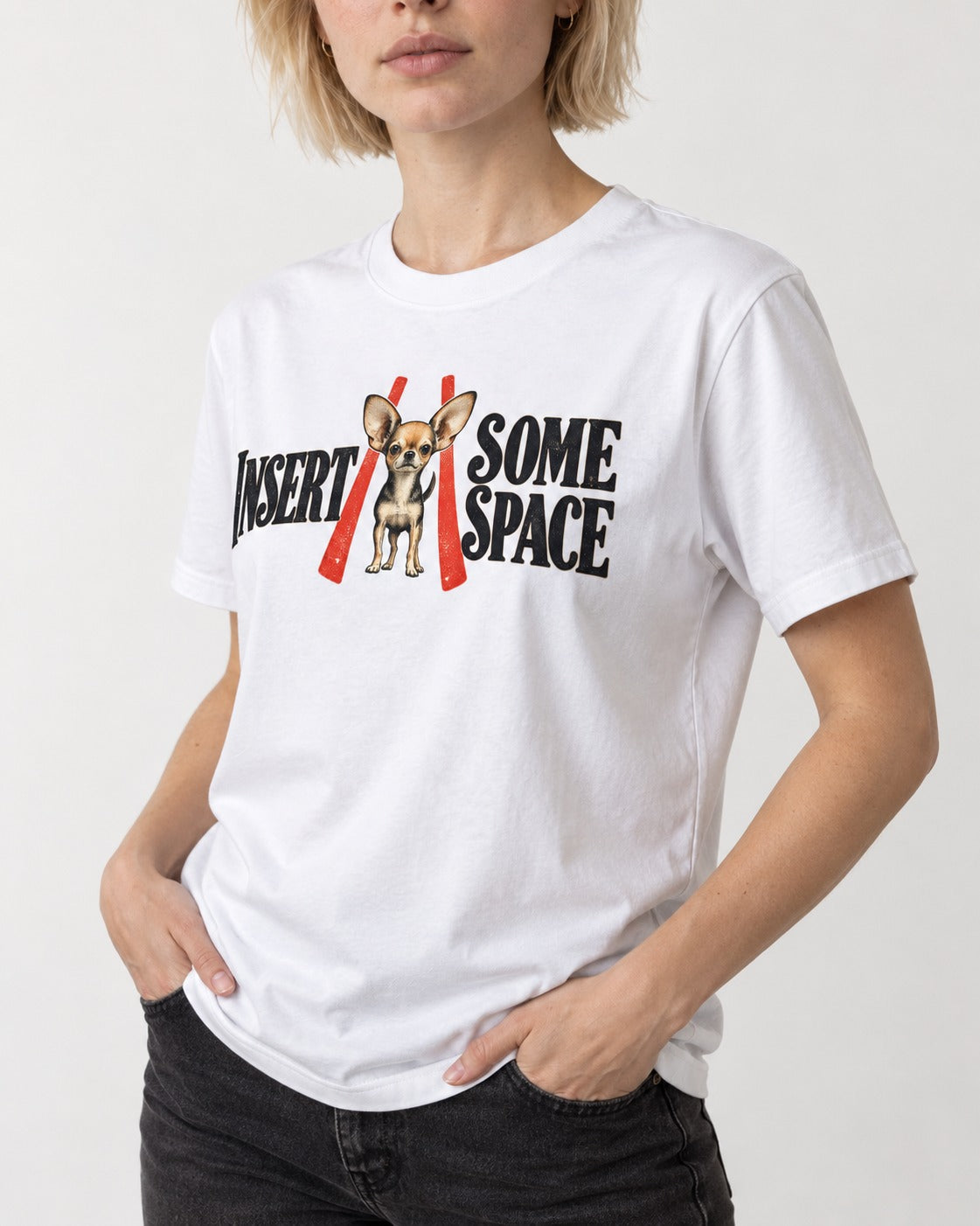 Insert Some Chihuahua Space T-Shirt in White, worn by a model, front view