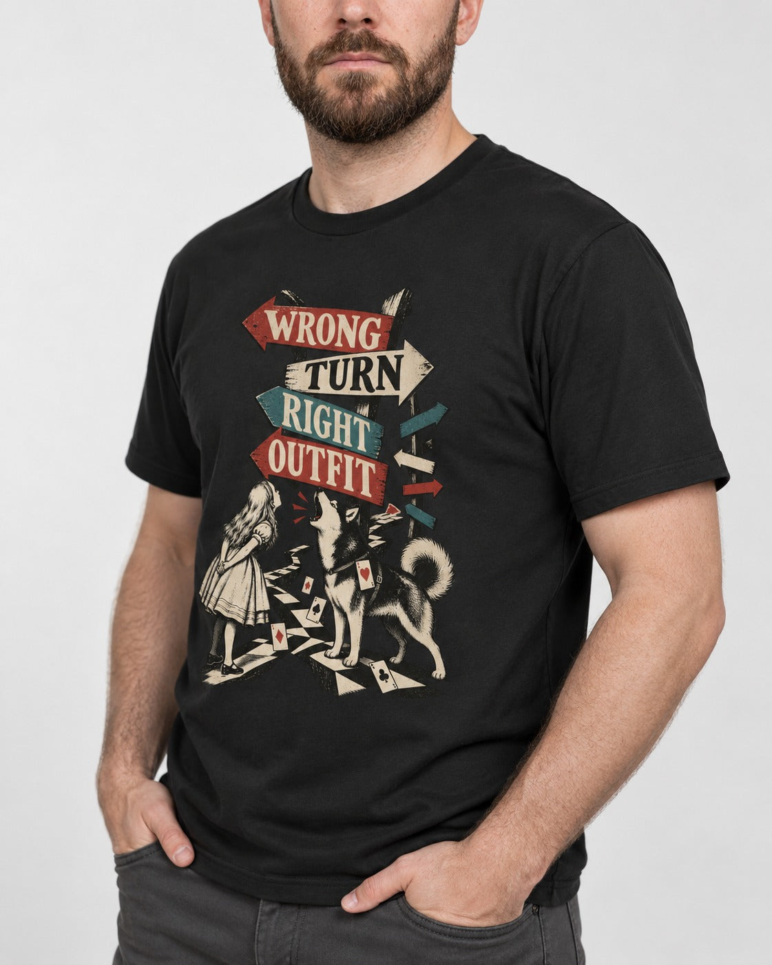 Husky Wrong Turn Right Outfit Wonderland Signpost Graphic T-Shirt in Black, worn by a model, front view