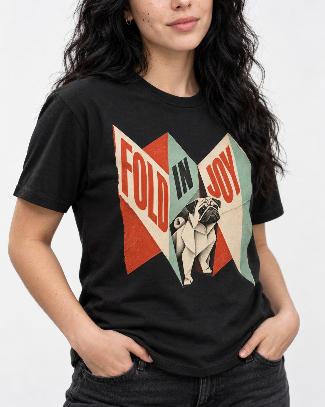 Pug Fold in Joy Geometric Poster Graphic T-Shirt in Black, worn by a model, front view