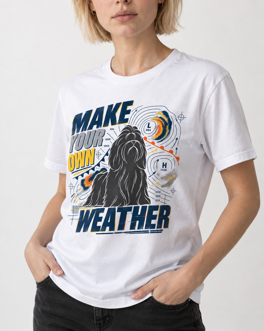 Shih Tzu Make Your Own Weather T-Shirt in White, worn by a model, front view