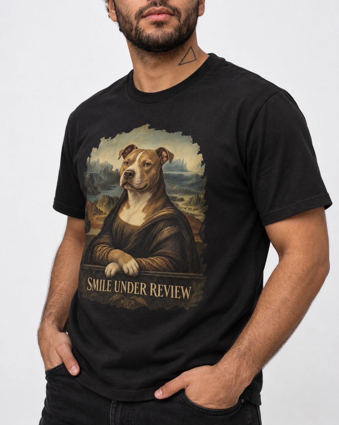 Pitbull Smile Under Review Renaissance Portrait Graphic T-Shirt in Black, worn by a model, front view