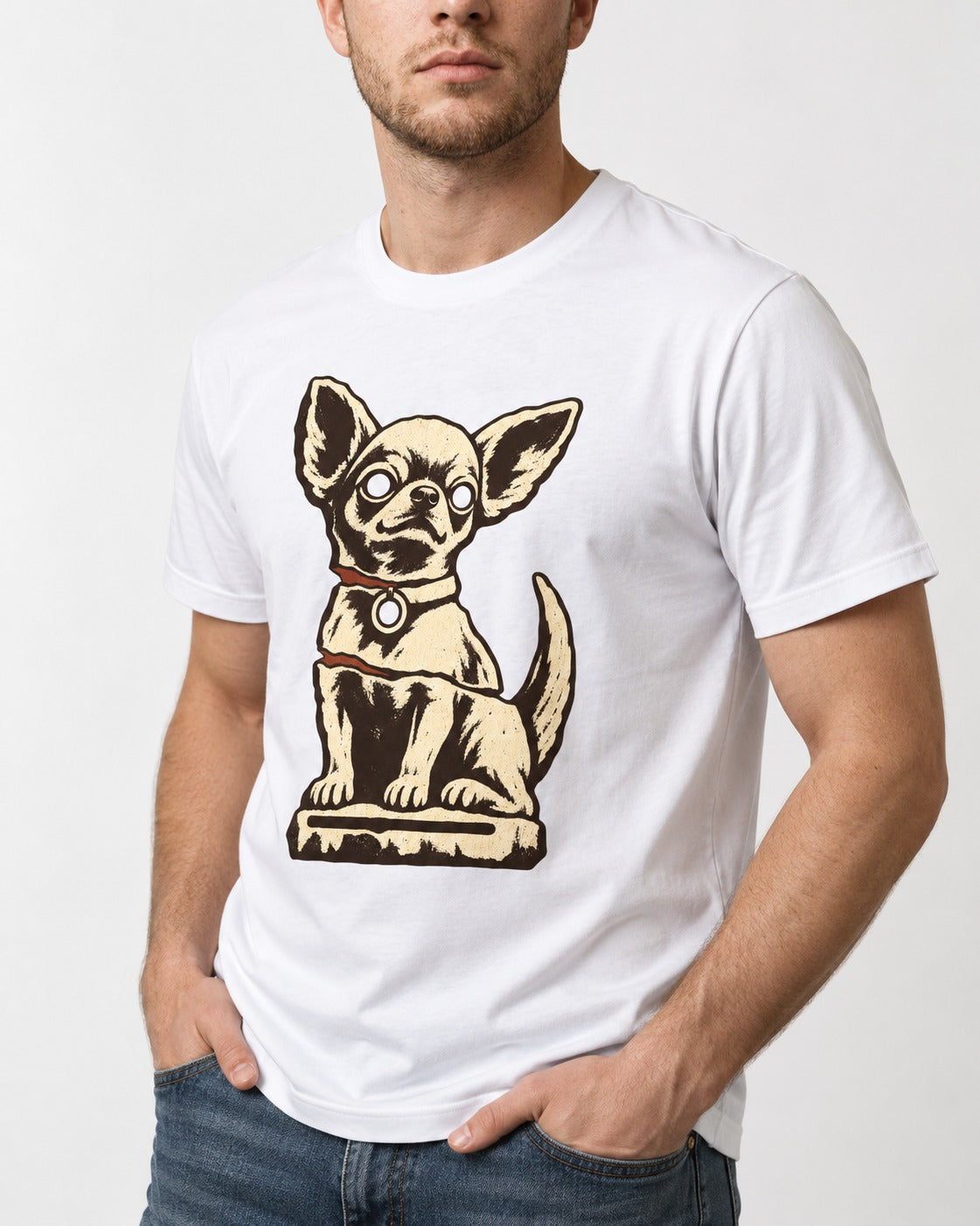 Chihuahua's Eternal Vigil T-Shirt in White, worn by a model, front view