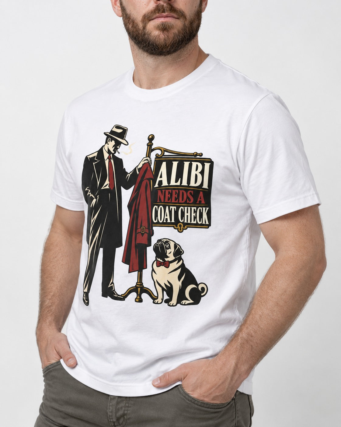 Pug Alibi Needs Coat Check T-Shirt in White, worn by a model, front view