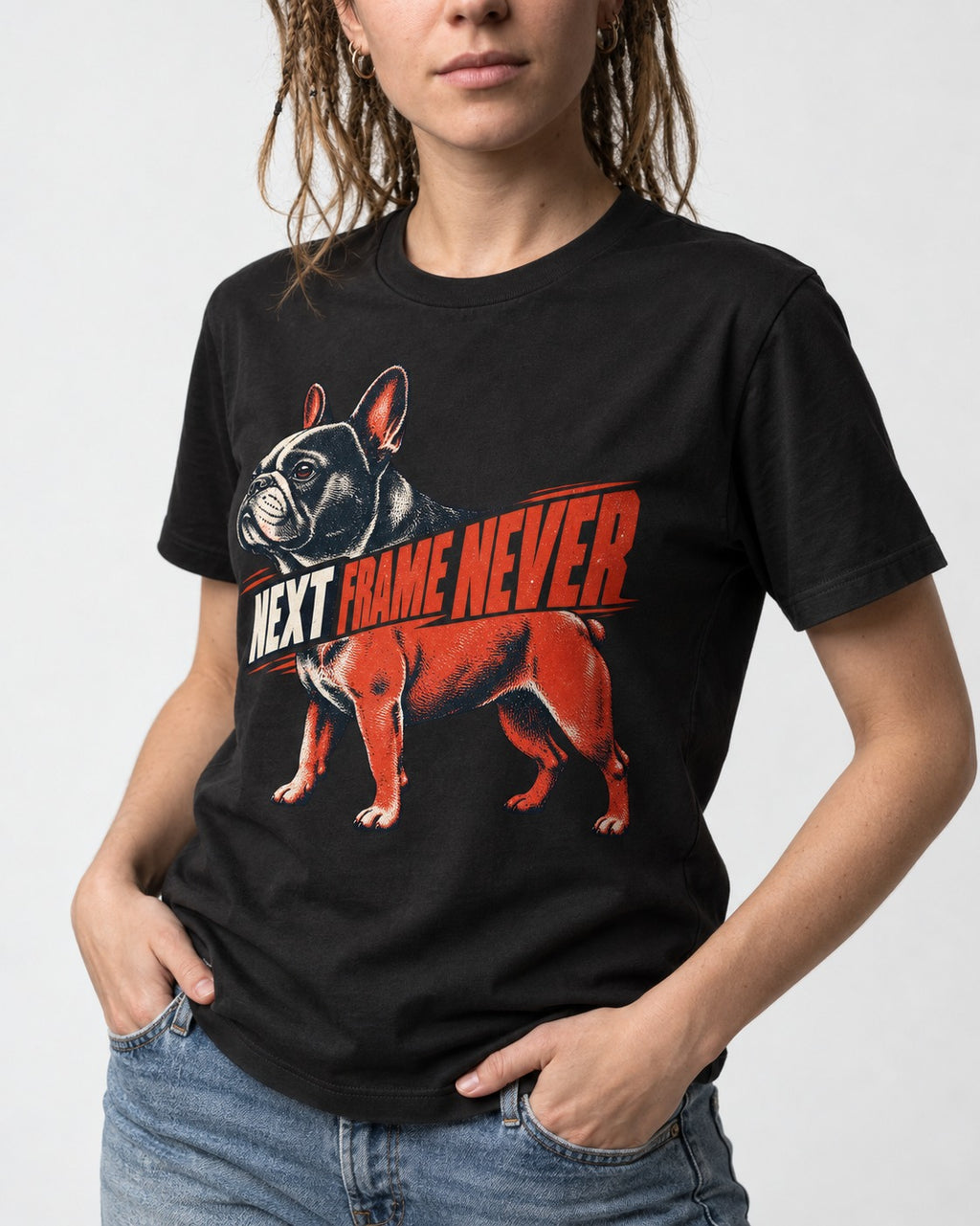 Frenchie Next Frame Never Motion Banner Graphic T-Shirt in Black, worn by a model, front view