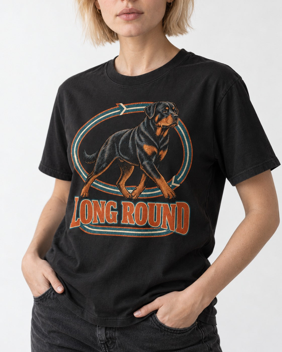 Rottweiler Long Round Circular Track Graphic T-Shirt in Black, worn by a model, front view