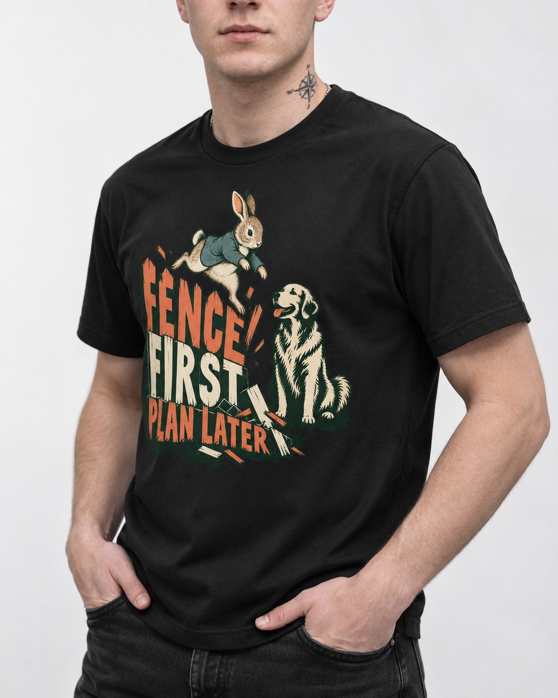 Golden Retriever Fence First Plan Later Rabbit Jump Graphic T-Shirt in Black, worn by a model, front view