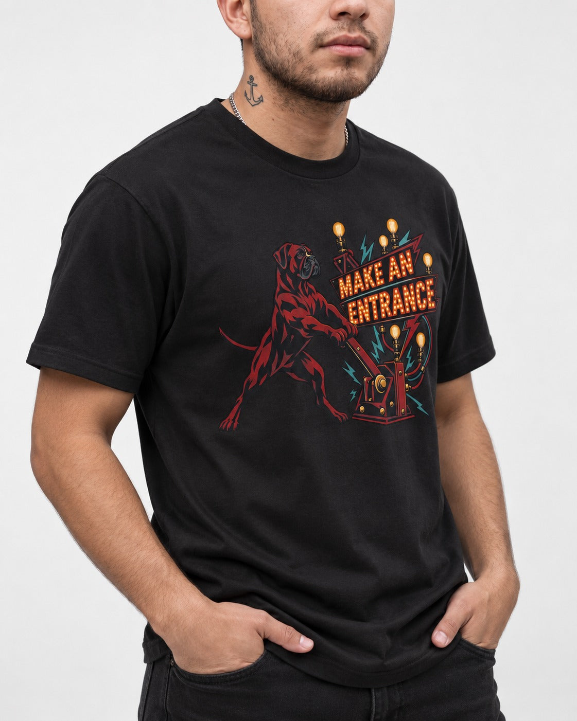 Boxer Make an Entrance T-Shirt in Black, worn by a model, front view