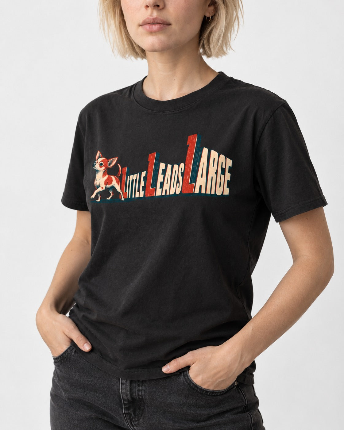 Chihuahua Little Leads Large Perspective Typography T-Shirt in Black, worn by a model, front view
