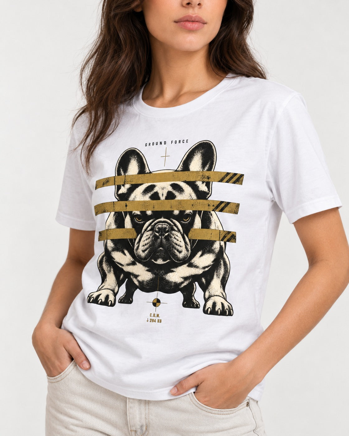 Frenchie Ground Force Industrial Barrier Graphic T-Shirt in White, worn by a model, front view