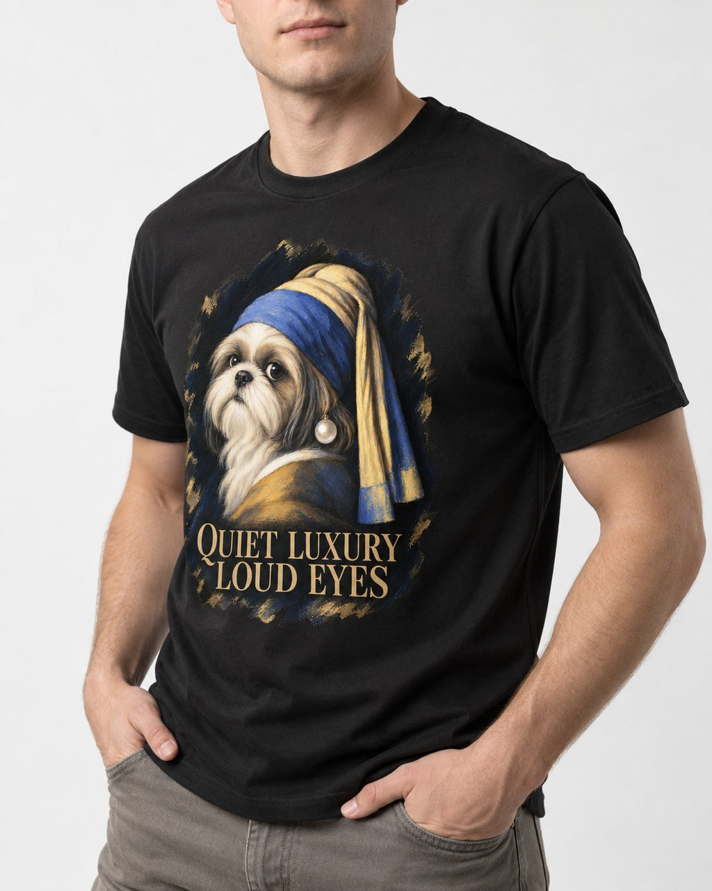 Shih Tzu Quiet Luxury Loud Eyes Pearl Portrait Graphic T-Shirt in Black, worn by a model, front view