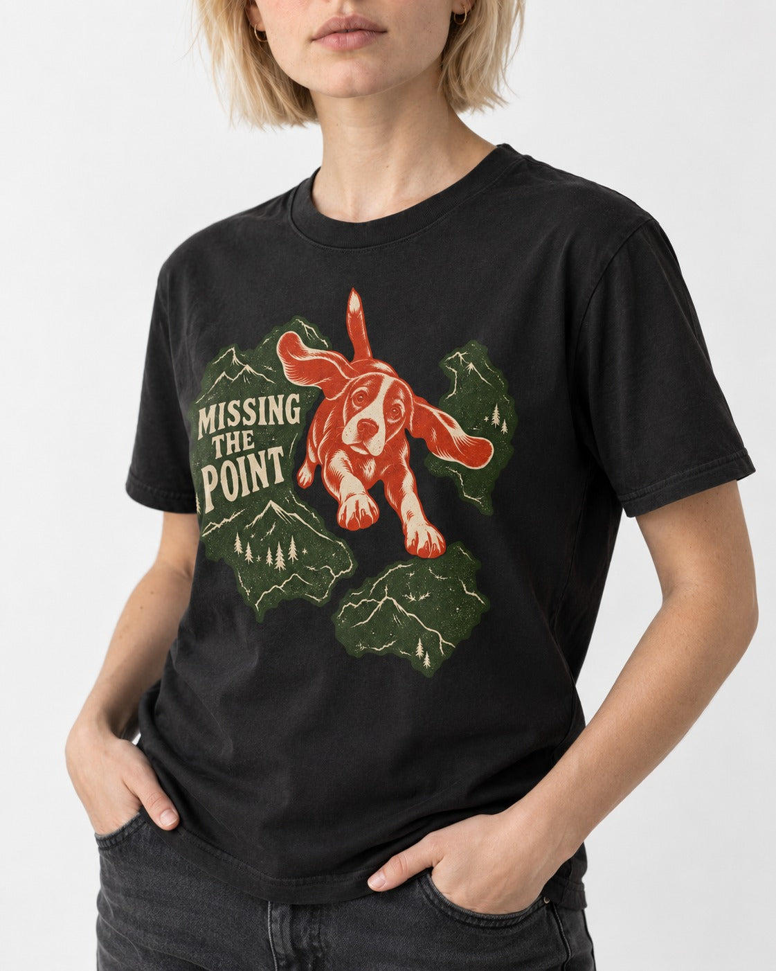 Missing The Point Beagle Trail T-Shirt in Black, worn by a model, front view