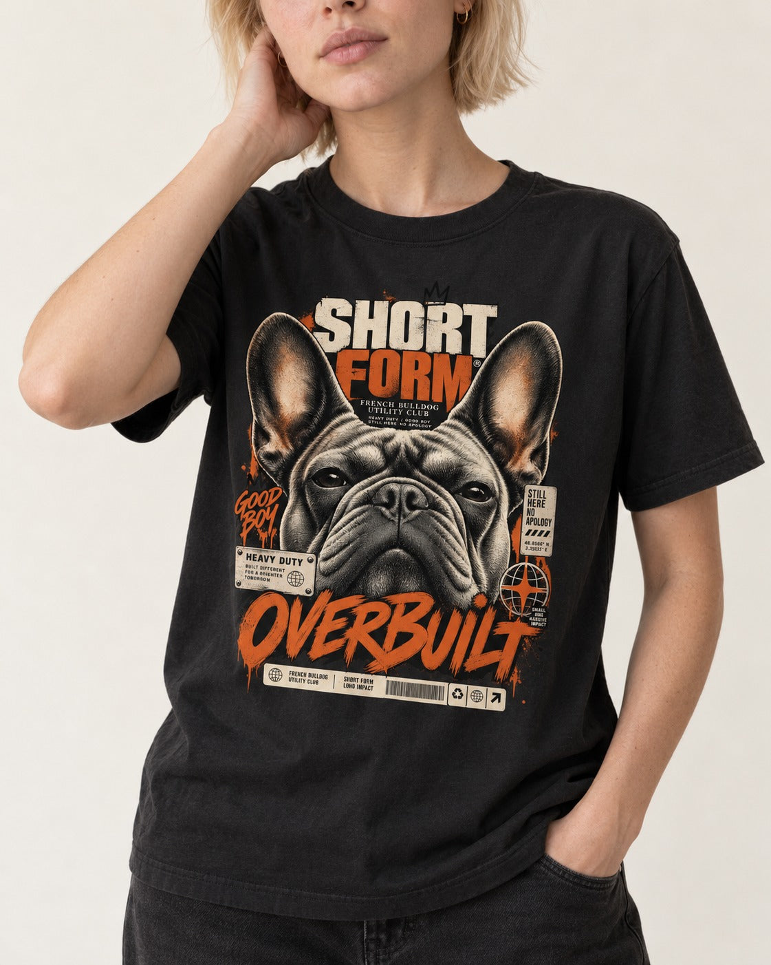 Frenchie Short Form Overbuilt Utility Club Poster Graphic T-Shirt in Black, worn by a model, front view